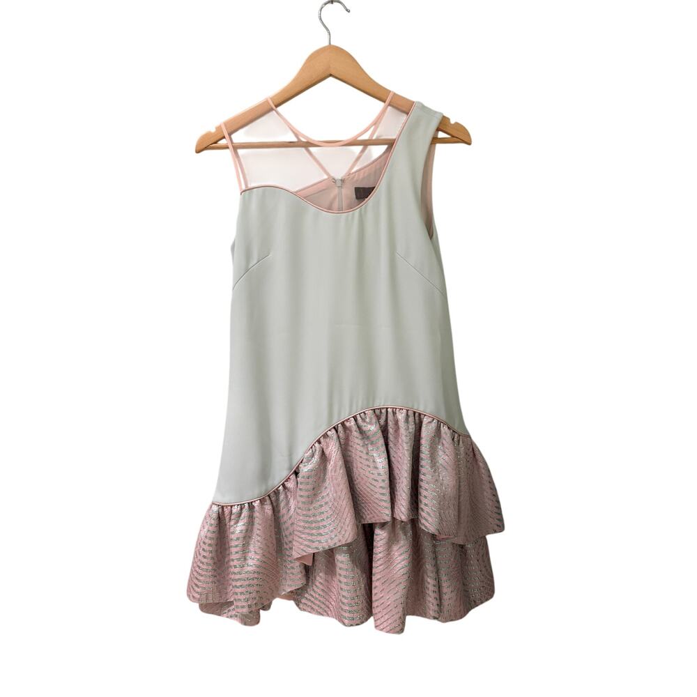 Nha Khanh Metallic Ruffle Mini Dress Size 4 Pink Silver Mint Strappy Cocktail
